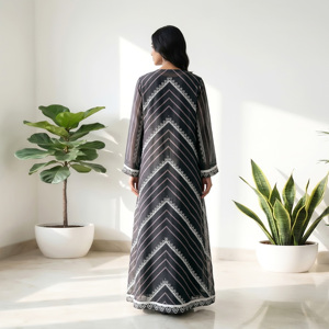 Abaya ouverte sur le devant BSY à rayures géométriques, vêtement islamique modeste pour femme, caftan de Dubaï, manteau long de qualité supérieure, robe de mode - Product Image 3
