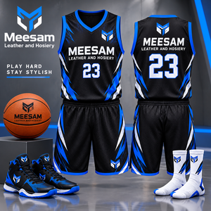 Ensemble de maillots de basket-ball pour hommes, sans manches, col en V, maille respirante, logo personnalisé, uniforme d'équipe, blanc bleu - Product Image 4