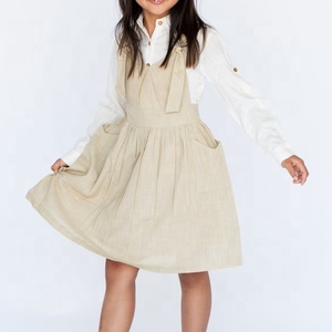 Gorgeous Girl's Wear Beige Overall Dress & Shirt With Knotted Shoulder <b>Straps</b> & Front Pockets Crafted From Cotton For Comfort - Product Image 2