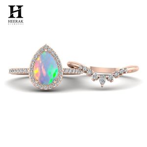 Boho Teardrop Opal Wedding <b>Ring</b> <b>Set</b> Crown Curved Moissanite Enhancer Band 10K 14K <b>Gold</b> October Birthstone Jewelry Wholesale - Product Image 3