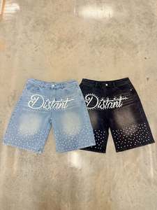 Shorts de Mezclilla Unisex con Pedrería, Cintura Alta, Lavados y Desgastados, Brillantes, para Hombre y Mujer, Estilo Urbano para Festivales de Verano 2026 - Product Image 2