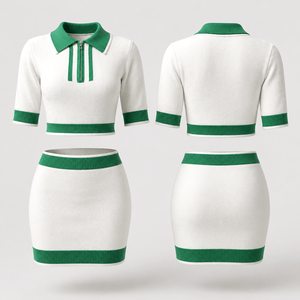 Women Knitted 2 Piece Set White Green <b>Preppy</b> Style Crop <b>Top</b> With Skirt Short Sleeve Turn-down Collar Spring Summer Wear - Product Image 5