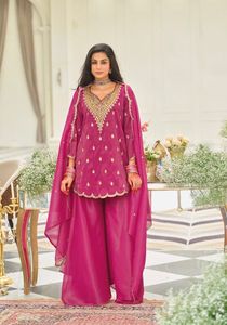 Designer Embroidery Work With Chain Sequence And Fancy Cut Work Natural Silk <b>Top</b> Sharara Bottom And Dupatta Ready To Wear Set - Product Image 4