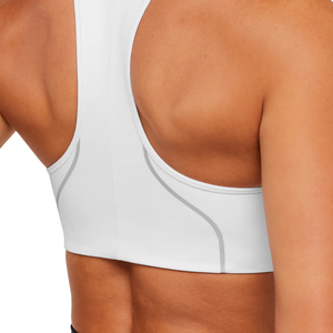 Sujetador deportivo de alto soporte para mujer con logo personalizado, de nailon y elastano, espalda cruzada, top de yoga de alto rendimiento, ropa de gimnasio y fitness, color blanco liso. - Product Image 6