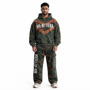 <b>Men</b> Black <b>Green</b> Camouflage Zip Up Hoodie <b>Tracksuit</b> Set Loose Fit Wide Leg Streetwear Custom OEM ODM Wholesale - Product Image 1