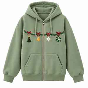 Sudadera con capucha de invierno para mujer, verde salvia, con cremallera, bordado de guirnalda, lazo, árbol, campana, copo de nieve, visco y diseño frontal temático - Product Image 2