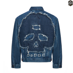 Veste en jean personnalisée pour homme, effet usé, avec patch crâne, style streetwear vintage, en denim bleu - Product Image 4
