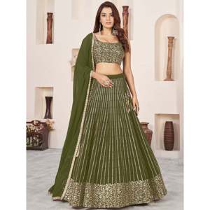 Paillettes vertes exceptionnelles Georgette Mehendi Wear Lehenga Choli - Product Image 2