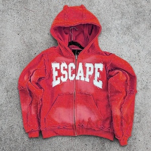 Sudadera Personalizada 2025 de Estilo Urbano, Tejido de Algodón 100% de Alto Gramaje, con Pedrería, Parche de Costura Invertida, Bordado Desgastado, Lavado Vintage y Cremallera - Product Image 3