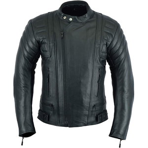 Blouson de moto en cuir véritable pour homme, col montant, fermeture éclair, coupe ajustée, style motard, coupe-vent, pour l'automne - Product Image 2