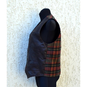 Vintage Leather Front <b>Tartan</b> Back Panel Motorcycle Biker Vest Custom Plaid <b>Waistcoat</b> Genuine Leather Fashion Streetwear Vest - Product Image 5