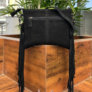 Designer Hand Tooled Black Suede Leather <b>Boot</b> Stitch Crossbody Fringe Bag Women's Western Genuine Leather Floral Bohemian Purses - Product Image 5