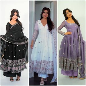 Robe de soirée en soie brodée bicolore avec dupatta et palazzo |   Travaux de paillettes |   Vêtements de soirée pour femmes - Product Image 6