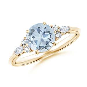 Anillo de oro amarillo con aguamarina redonda y detalles de diamantes marquise y redondos, anillo solitario con racimo de piedras preciosas naturales, forma redonda. - Product Image 1