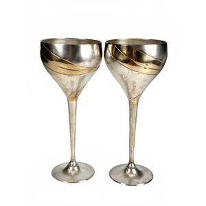 Stainless Steel Bell Shape <b>Goblets</b> Handmade Long Stem Wine <b>Glass</b> Gold Rimmed Vintage Wedding Occasion 2 Pieces - Product Image 1