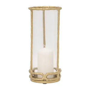 Gold Bamboo Style <b>Lantern</b> Candle Holder with Clear Glass Panel and Heat Resistant Base for Home Decoration - Product Image 3