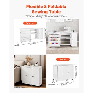Tavolo Compatto Multifunzione per Macchina da Cucire con Armadietto Pieghevole, Pioli in Legno, Vassoi Portaoggetti e Ruote - Design da Scrivania - Product Image 3