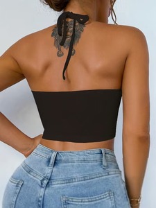 Seamless Ribbed Keyhole Halter <b>Crop</b> <b>Top</b> Front Cutout Back Tie Fitness Sports Bra High Elasticity Workout Activewear - Product Image 4