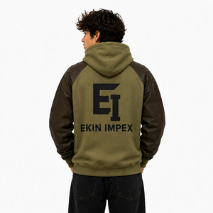 เสื้อฮู้ดผู้ชายแขนหนัง PU สกรีนลายสตรีทแวร์ลำลอง - Product Image 4