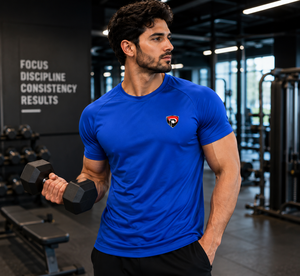 Camiseta deportiva de manga corta azul para hombre Dumela, cuello redondo, ajustada, de secado rápido, tejido de punto transpirable, antipilling en la parte delantera - Product Image 4