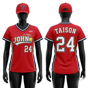 Maillot de softball pour femmes 180 GSM en polyester respirant avec empiècements rouge et bleu marine, sublimation, broderie, logo personnalisé - Product Image 1