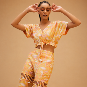 Conjunto de 2 Piezas para Mujer Sea Lover Premium: Top Corto Estampado y Pantalones Anchos, 100% Algodón, Estilo Bohemio, Ropa de Playa para Verano, OEM ODM - Product Image 5