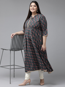 Kurti Anarkali en coton pour femmes grandes tailles, style col mandarin, manches trois quarts et motif floral gris imprimé - Product Image 3