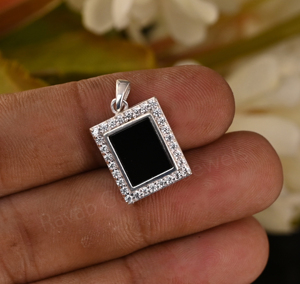 High Quality 925 Silver Rhodium Plated 8x10mm Rectangle <b>Black</b> Onyx Gemstone Bezel Setting Pendant CZ Classic Unisex Gift Jewelry - Product Image 3
