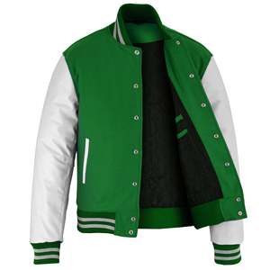 Veste de baseball pour homme, verte, style varsity, avec manches en simili cuir blanc et blocs de couleur - Product Image 4