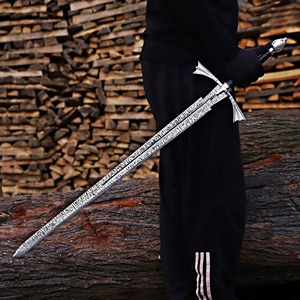 Handmade Damascus Steel Straight Blade With Black Handle And <b>Silver</b> Accents 32-Inch OEM Knife - Product Image 6
