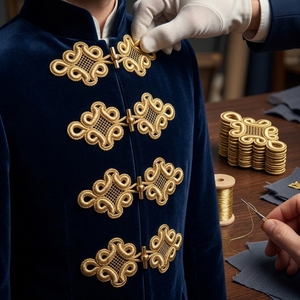 Luxury Gold Metallic Embroidery Frog Fastener Knot, Elegant Passement Erie Trim Motif for Jacket, Costume <b>Applique</b> Sewn - Product Image 4