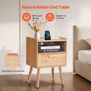 Comodino Boho in Rattan con Gambe in Legno e Ripiano Aperto, Assemblato - Product Image 2