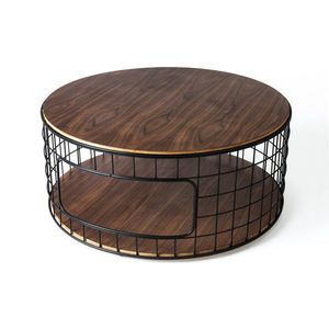 Modern Round Wood Coffee <b>Table</b> With Metal Frame Industrial Design Living Room Furniture - Product Image 2
