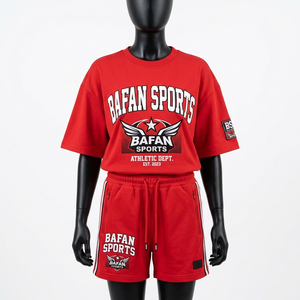 Ensemble haut et short en coton éponge premium 240 GSM, logo imprimé rouge sur panneau latéral, ensemble short personnalisé - Product Image 3