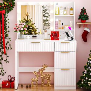 White Particleboard <b>Makeup</b> <b>Vanity</b> with Melamine Finish 4 Drawers 2 Shelves 10 Three-Tone Light Bulbs Power Strip - Product Image 3