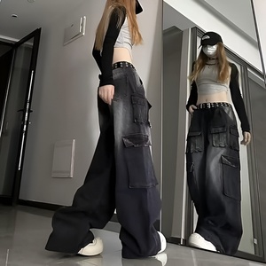 Mid Waist Stonewashed Cargo Jeans Plus Size Women Loose Fit Knee Length Polyester Summer <b>Y2K</b> <b>Streetwear</b> with Pockets - Product Image 2