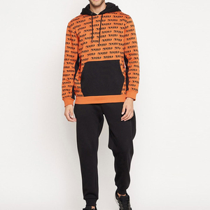 <b>Men's</b> <b>Orange</b> Printed Hoodie Black Panel Full Sleeve Streetwear <b>Sweatshirt</b> With Side Pockets Drawstring Closure Regular - Product Image 6