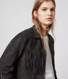 Women's <b>Black</b> <b>Suede</b> Fringed Moto <b>Jacket</b> Turn-Down Collar Full Sleeve Short Length Autumn Style - Product Image 2