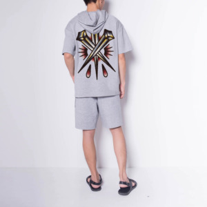 Ensemble de survêtement décontracté pour homme, gris, 2 pièces, sweat à capuche et short, coupe ample, imprimé graphique, style hip-hop, été - Product Image 3