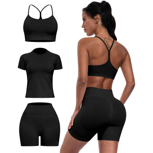 <b>Blue</b> 3 Piece Yoga Set Racerback Sports <b>Bra</b> Crop Top High Waist Shorts Seamless Activewear Solid Color Breathable Workout Wear - Product Image 6