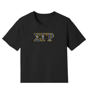 Camiseta Negra Personalizada de Manga Corta con Estampado Gráfico de Letras Griegas en Azul y Amarillo, Camisetas Unisex de Algodón para Ropa Urbana al por Mayor - Product Image 1