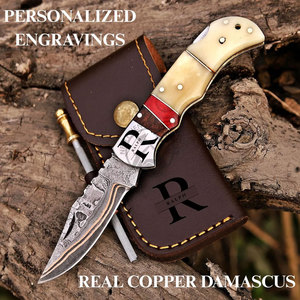 Hand Forged Unique Copper Damascus Folding Knife Steel Bolster Wood Bone Handle Custom Cu-Mai EDC Pocket Hunting Back <b>Lock</b> Knife - Product Image 1