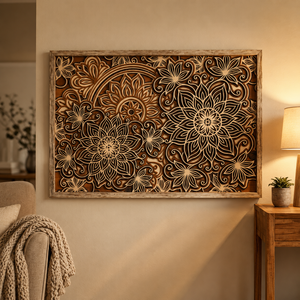 <b>Rustic</b> Floral <b>Wooden</b> Wall Art Panel | Handcrafted Laser Cut Mandala Wall Decor | Farmhouse Boho Living Room, Bedroom & Office - Product Image 2