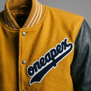 Mens Mustard Wool Letterman <b>Jacket</b> Charcoal Sleeves Custom Logo Rib Knit Collar Cuffs Snap Front Luxury Streetwear Outerwear Top - Product Image 4