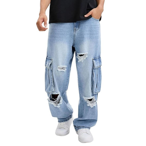 Jean cargo déchiré bleu clair pour homme, taille élastique, denim délavé, style décontracté automne, poids moyen, écologique - Product Image 1