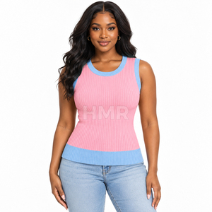 HMR Sorority Sisterhood Pink Blue Contrast Knitted Sleeveless O-Neck Tank Top Casual Solid Spliced Design Regular - Product Image 1