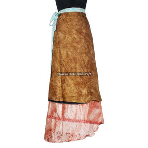 Falda Cruzada de Seda Virgen Marrón con Ribete a Cuadros para Mujer, Estilo Vintage, Larga, de Seda Sari, Reversible de 2 Capas, Mágica, 38 Pulgadas - Product Image 5