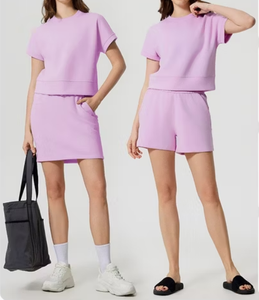 Ensemble de shorts d'entraînement pour femmes, couleur unie, respirant, tenue de sport à manches courtes - Product Image 1