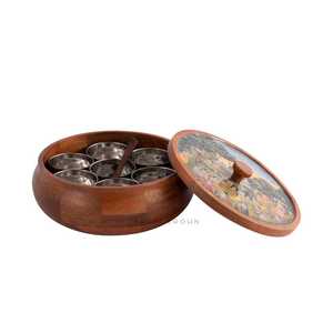 Handcrafted Wooden Enamel Coated Saga Masala <b>Box</b> for Kitchen Spice <b>Box</b> Spice Jar Masala Dani with 7Containers and 1 wooden spoon - Product Image 6