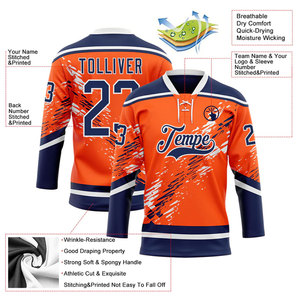 Maillot de hockey sur glace personnalisé pour équipes, bleu marine et orange, col en V, impression sublimée, évacuation de l'humidité, manches trois quarts - Product Image 5